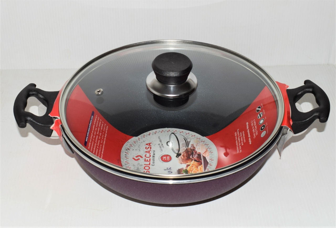Solecasa Non Stick Wok Karahi Stir Pan With A Glass Lid And Double Handle 26Cm 4 Solecasa Non Stick Wok Karahi Stir Pan With A Glass Lid And Double Handle 26Cm