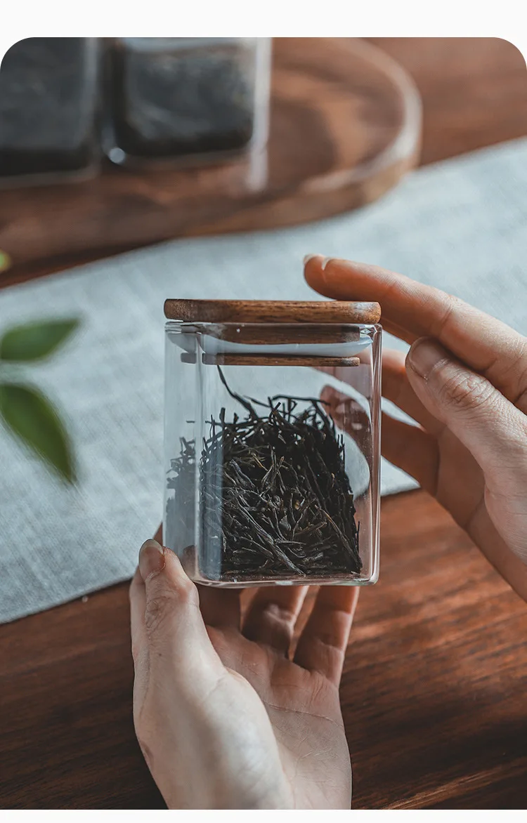 Square Wooden Lid Glass Storage Jar Candy Snacks Coffee Beans Sealed Storage Jar - 300Ml