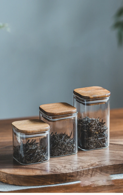 Square Wooden Lid Glass Storage Jar Candy Snacks Coffee Beans Sealed Storage Jar - 150ML