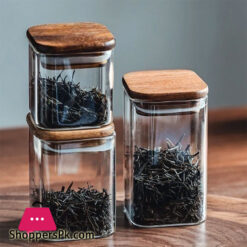 Square Wooden Lid Glass Storage Jar Candy Snacks Coffee Beans Sealed Storage Jar - 150Ml