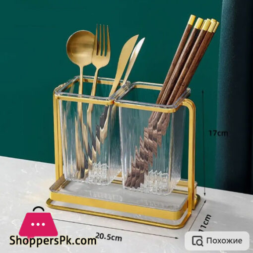 Stainless Steel ABS plastic Clear + Gold Spoon and Fork Cutlery Holder 20.5x11x17 cm