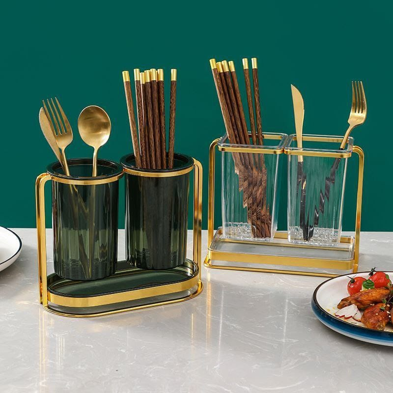 Stainless Steel Abs Plastic Clear + Gold Spoon And Fork Cutlery Holder 20.5X11X17 Cm