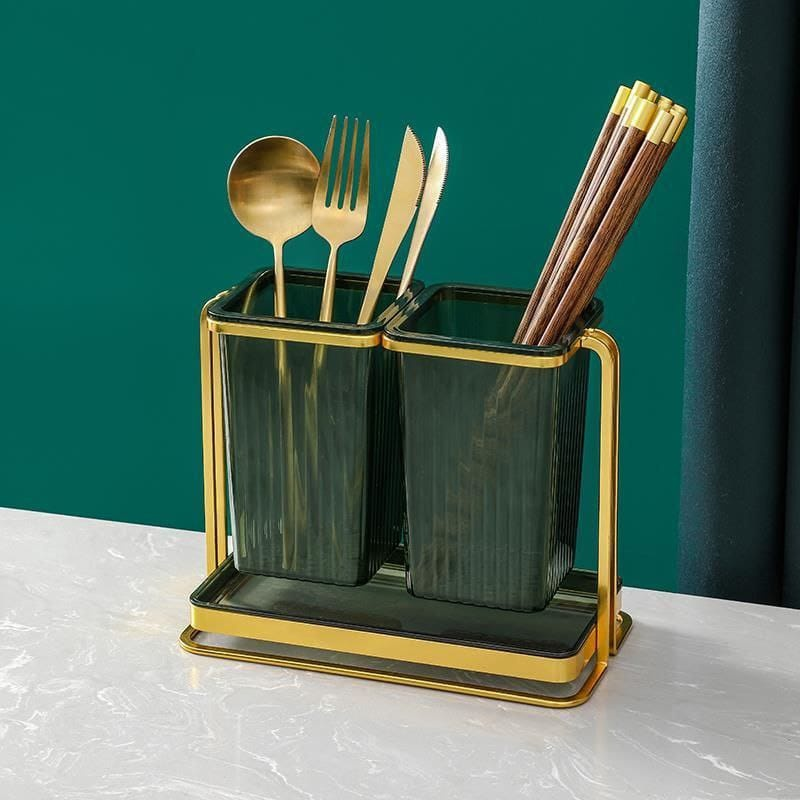 Stainless Steel Abs Plastic Green + Gold Spoon And Fork Cutlery Holder 20.5X11X17 Cm