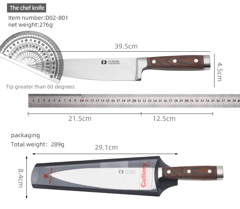 Stainless Steel Professional Kitchen Chef'S Knife 39.5 X 4.5 Cm