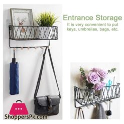 Storage Floating Shelves Wall Mounted Metal Wire Storage Shelf With Wood Key Hooks Home Decor Display Racks For Living Room Office Bedroom Bathroom Kitchen Broom