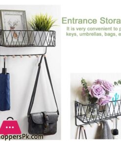 Criss Cross Wall Mounted Metal Wire Storage Shelf With Wood Key Hooks 12 Storage Floating Shelves Wall Mounted Metal Wire Storage Shelf With Wood Key Hooks Home Decor Display Racks For Living Room Office Bedroom Bathroom Kitchen Broom
