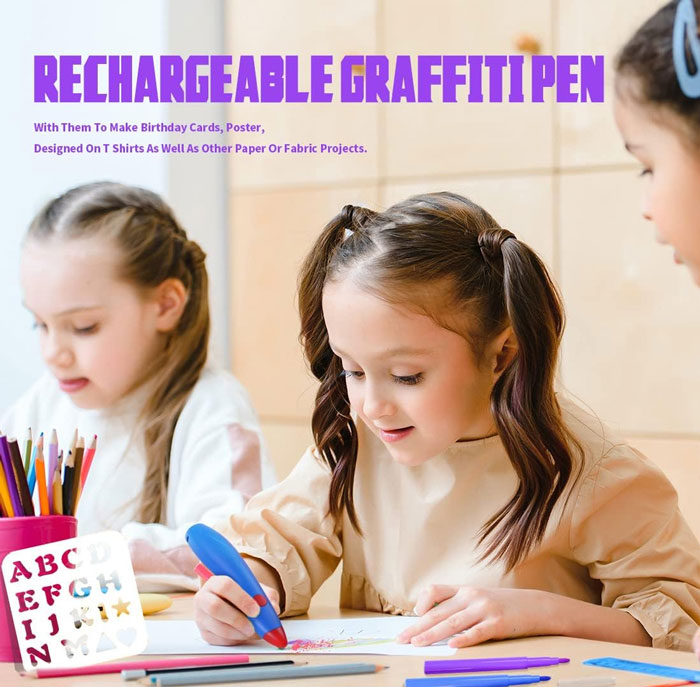 Electric Rechargeable Kids Spray Paint Blow Pen Set Marker Graffiti Supplies Pen 12 Colors Colored Markers Blow Pens Washable Watercolour Paints Pens Art And Crafts Education