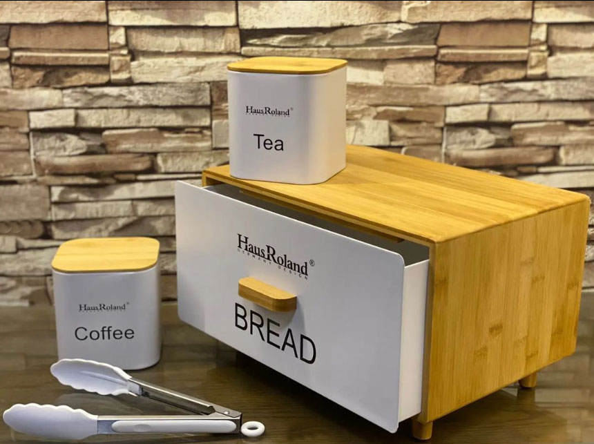 Hausroland New Stylish Color Coated Metal Bread Box Tea Coffee Sugar Bucket Set Of 4 With Bamboo Lid