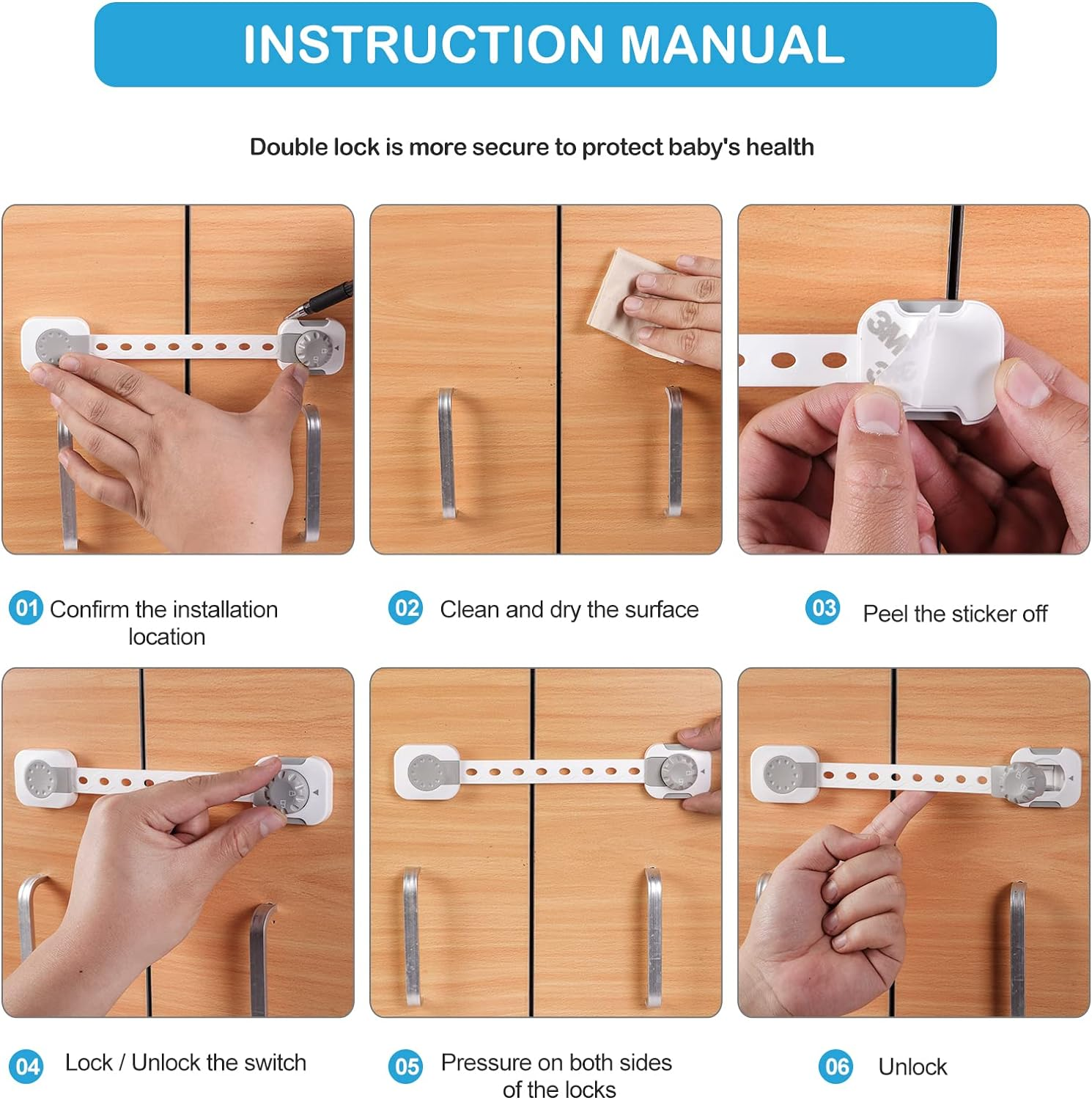 Baby Safety Lock Child Safety Locks Multi-Functional Adjustable Double Button Baby Anti-Clip Latch System For Cabinets, Drawers Fridge Closet