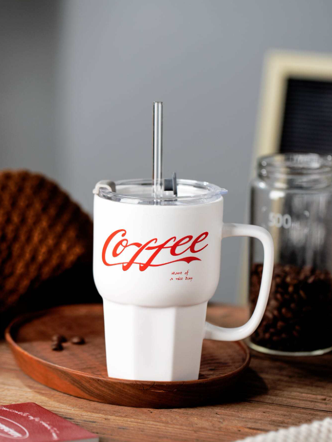 Ceramic Cup With Straw Glass For Coffee 500Ml