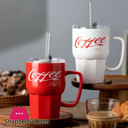 Ceramic Cup with Straw Glass for Coffee 500ml