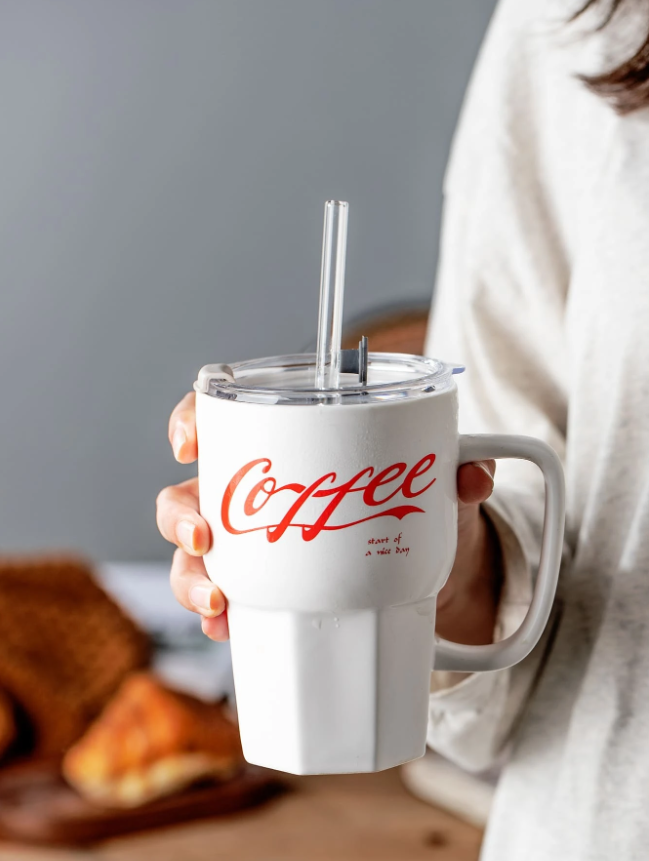 Ceramic Cup With Straw Glass For Coffee 500Ml