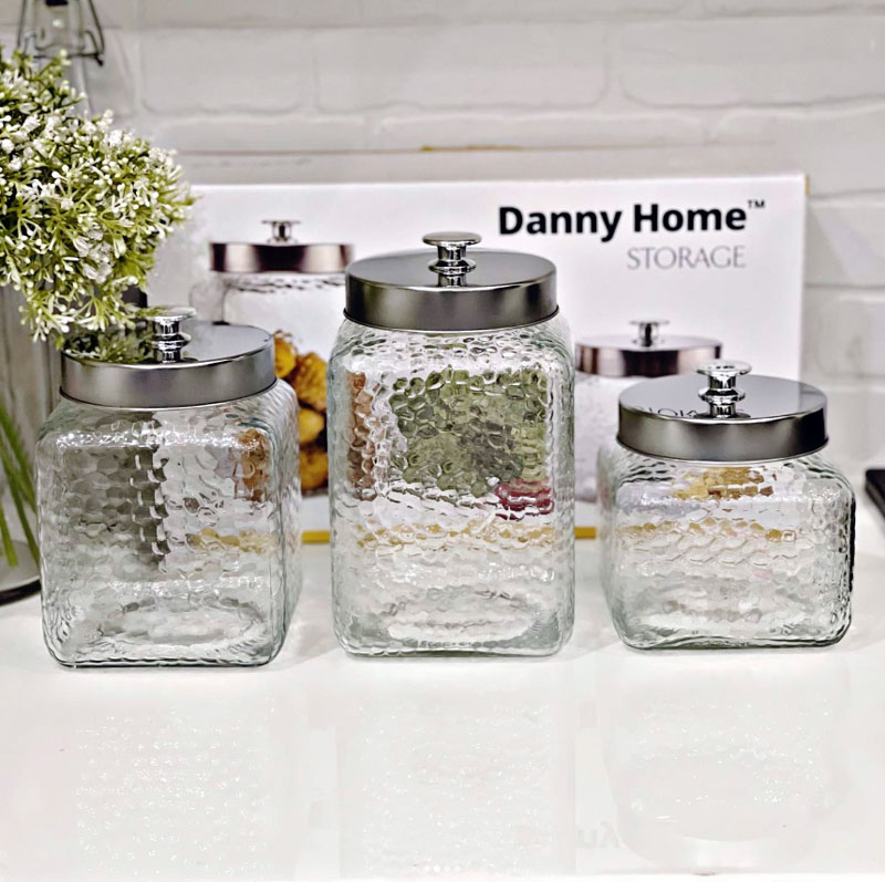 Danny Home Airtight Hammered Glass Storage Jar Set Of 3 With Stainless Steel Cap