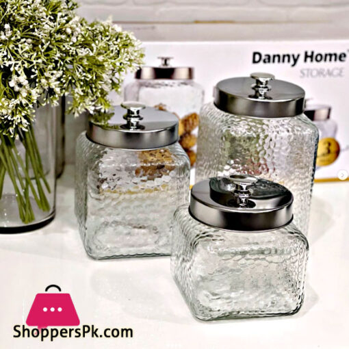 Danny Home Airtight Hammered Glass Storage Jar Set of 3 with Stainless Steel Cap