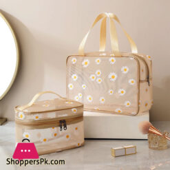 2-Pcs Mesh Cosmetic Makeup Bags Daisy Printing Travel Toiletry Wash Make Up Case Zipper Beauty Organizer