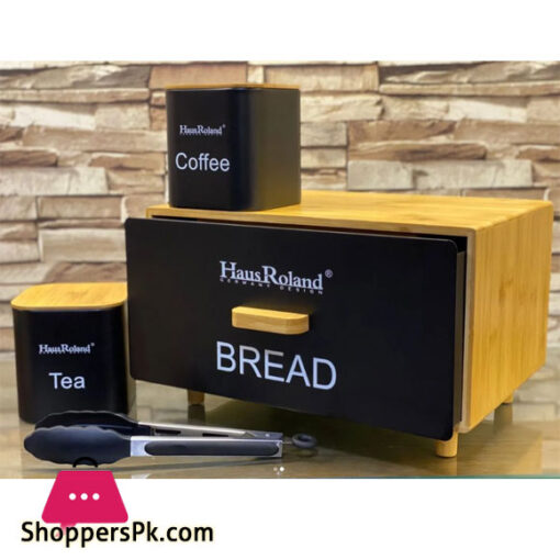 New Stylish Color Coated Metal Bread Box Tea Coffee Sugar Bucket Set of 4 with Bamboo Lid