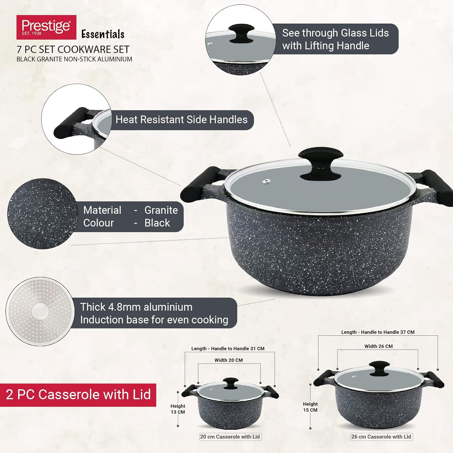 Prestige Essentials Granite 7 Piece Non-Stick Cast Aluminium Cookware Sets Induction Base Non Stick Casserole Fry Pan - Black 80962