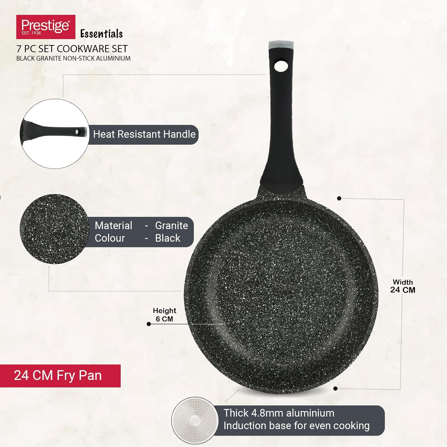 Prestige Essentials Granite 7 Piece Non-Stick Cast Aluminium Cookware Sets Induction Base Non Stick Casserole Fry Pan - Black 80962