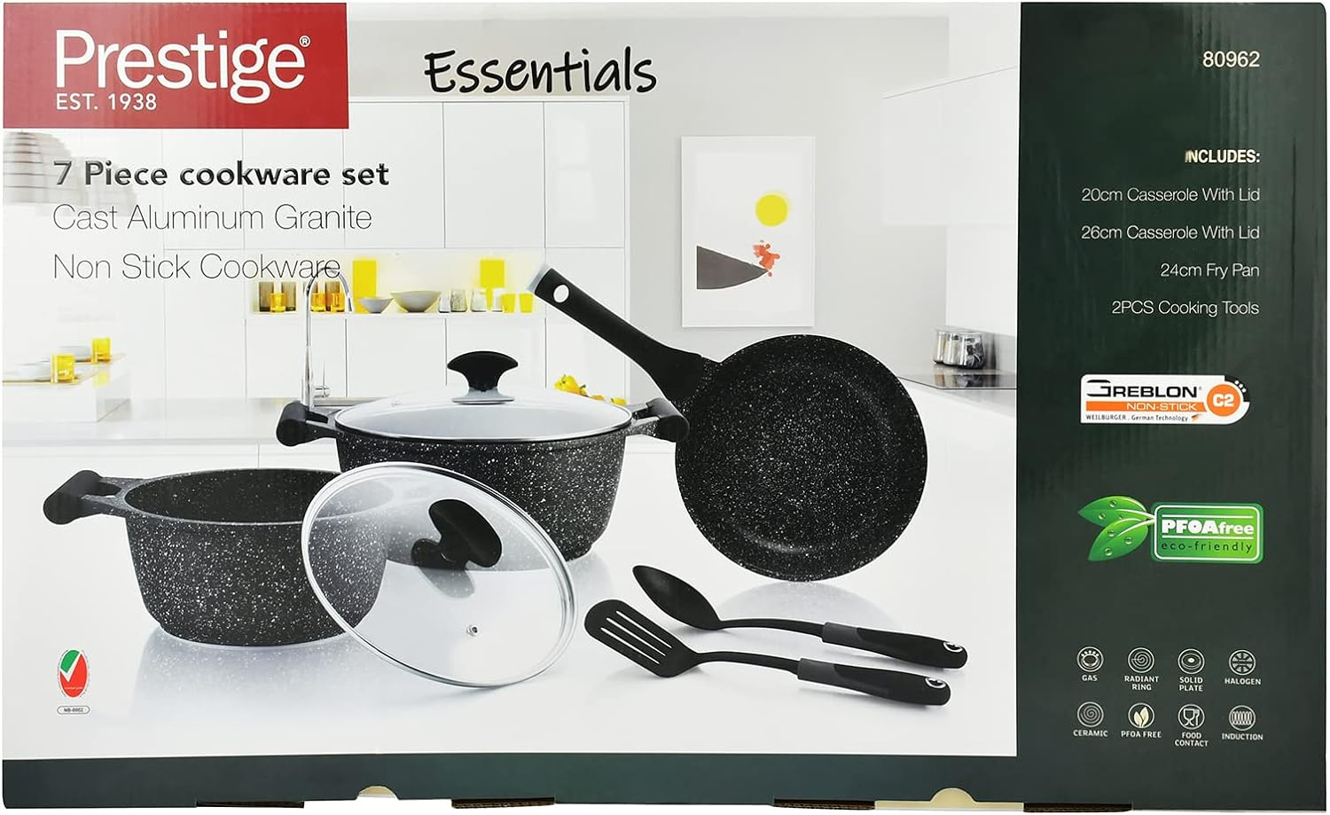 Prestige Essentials Granite 7 Piece Non-Stick Cast Aluminium Cookware Sets Induction Base Non Stick Casserole Fry Pan - Black 80962