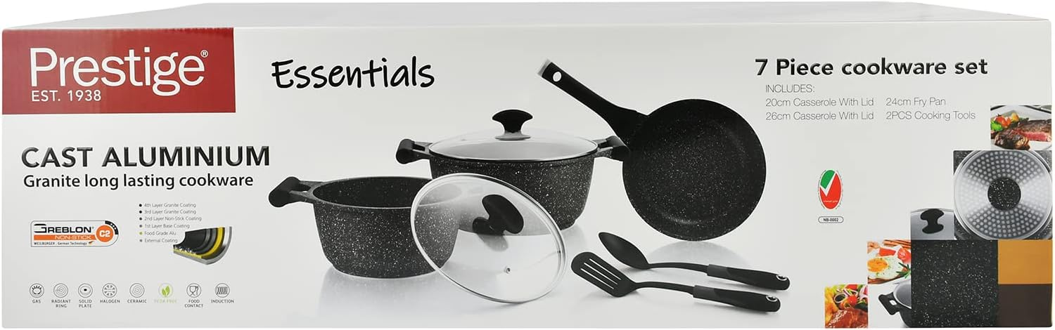 Prestige Essentials Granite 7 Piece Non-Stick Cast Aluminium Cookware Sets Induction Base Non Stick Casserole Fry Pan - Black 80962