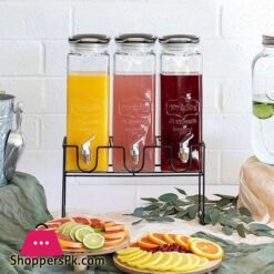 Triple Beverage Drink Dispensers Lids And Black Metal Stand 3 X 2.5L