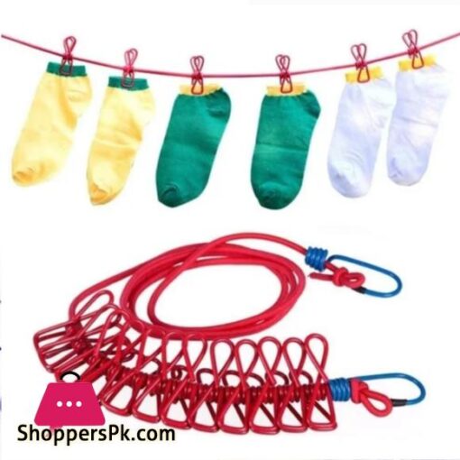 1Pcs Clothesline Rope Elastic Cloth Drying Hanging Rope with 12 Clips and 2 Hooks Travel Clothesline Hanging Laundry Drying Rope 1pcs Random Colour