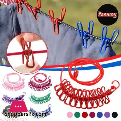 1Pcs Clothesline Rope Elastic Cloth Drying Hanging Rope with 12 Clips and 2 Hooks Travel Clothesline Hanging Laundry Drying Rope 1pcs Random Colour