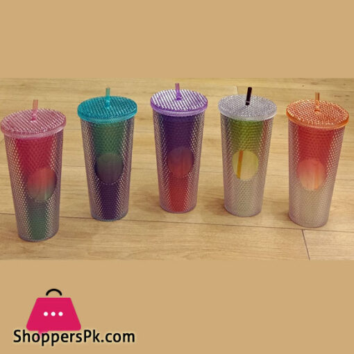 24oz Matte Glow Inlaid Cup Plastic Coffee Cups With Straw Lids Double Wall Gradient Durian Cup Large Capacity Drinking Cup