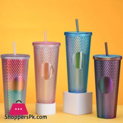 24Oz Matte Glow Inlaid Cup Plastic Coffee Cups With Straw Lids Double Wall Gradient Durian Cup Large Capacity Drinking Cup
