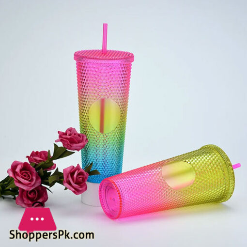 24oz Matte Glow Inlaid Cup Plastic Coffee Cups With Straw Lids Double Wall Gradient Durian Cup Large Capacity Drinking Cup