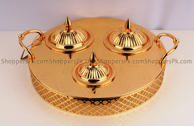 3 Section Dry Fruit Candy Sweet Serving Set Full Gold