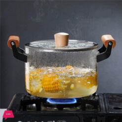 Borosilicate Glass Casserole Cooking Pot With Wooden Handle Pyrex Glass Fireproof