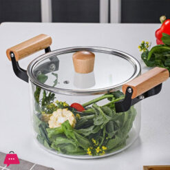 Borosilicate Glass Casserole Cooking Pot With Wooden Handle Pyrex Glass Fireproof