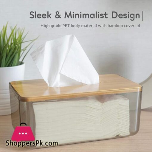 Minimalist Tissue Box Cover Holder Modern Transparent Rectangular Bamboo Facial Tissues Dispenser for Bathroom Bedroom