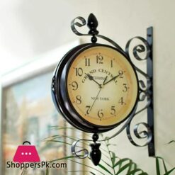 Rotating Dual Faced Station Clock Round Wall Hanging Double Sided Garden Clock