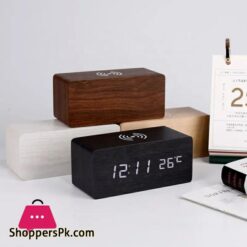 Wooden Digital Alarm Clock with QI Wireless Charging Pad Compatible with Iphone Samsung LED Digital Clock with Sound Control Function Time Date Temperature Display for Bedroom Office Home