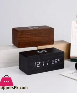 Wooden Digital Alarm Clock with QI Wireless Charging Pad Compatible with Iphone Samsung LED Digital Clock with Sound Control Function Time Date Temperature Display for Bedroom Office Home