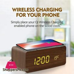Wooden Digital Alarm Clock with QI Wireless Charging Pad Compatible with Iphone Samsung LED Digital Clock with Sound Control Function Time Date Temperature Display for Bedroom Office Home