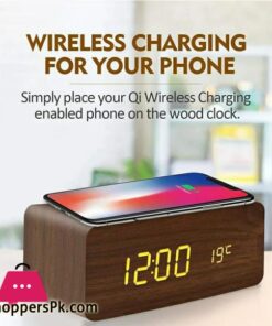 Wooden Digital Alarm Clock With Qi Wireless Charging Pad Compatible With Iphone Samsung Led Digital Clock With Sound Control Function Time Date Temperature Display For Bedroom Office Home