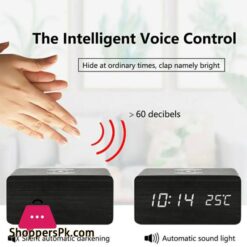 Wooden Digital Alarm Clock With Qi Wireless Charging Pad Compatible With Iphone Samsung Led Digital Clock With Sound Control Function Time Date Temperature Display For Bedroom Office Home