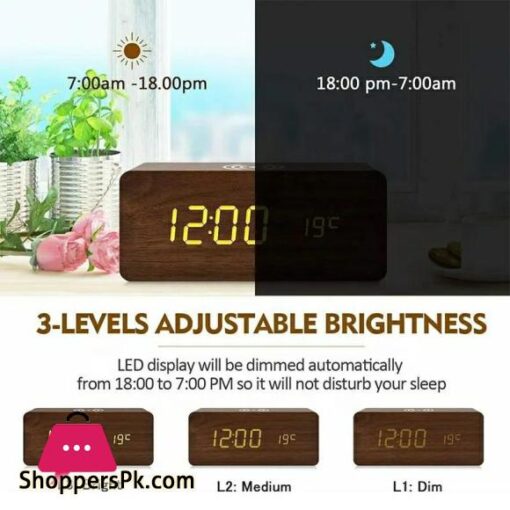 Wooden Digital Alarm Clock with QI Wireless Charging Pad Compatible with Iphone Samsung LED Digital Clock with Sound Control Function Time Date Temperature Display for Bedroom Office Home