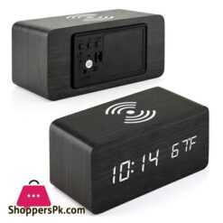 Wooden Digital Alarm Clock With Qi Wireless Charging Pad Compatible With Iphone Samsung Led Digital Clock With Sound Control Function Time Date Temperature Display For Bedroom Office Home