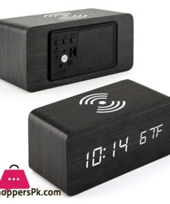 Wooden Digital Alarm Clock With Qi Wireless Charging Pad Compatible With Iphone Samsung Led Digital Clock With Sound Control Function Time Date Temperature Display For Bedroom Office Home