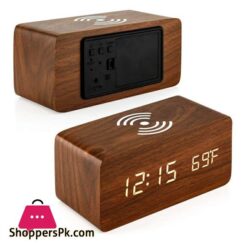 Wooden Digital Alarm Clock With Qi Wireless Charging Pad Compatible With Iphone Samsung Led Digital Clock With Sound Control Function Time Date Temperature Display For Bedroom Office Home