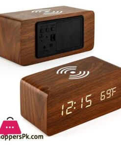 Wooden Digital Alarm Clock With Qi Wireless Charging Pad Compatible With Iphone Samsung Led Digital Clock With Sound Control Function Time Date Temperature Display For Bedroom Office Home
