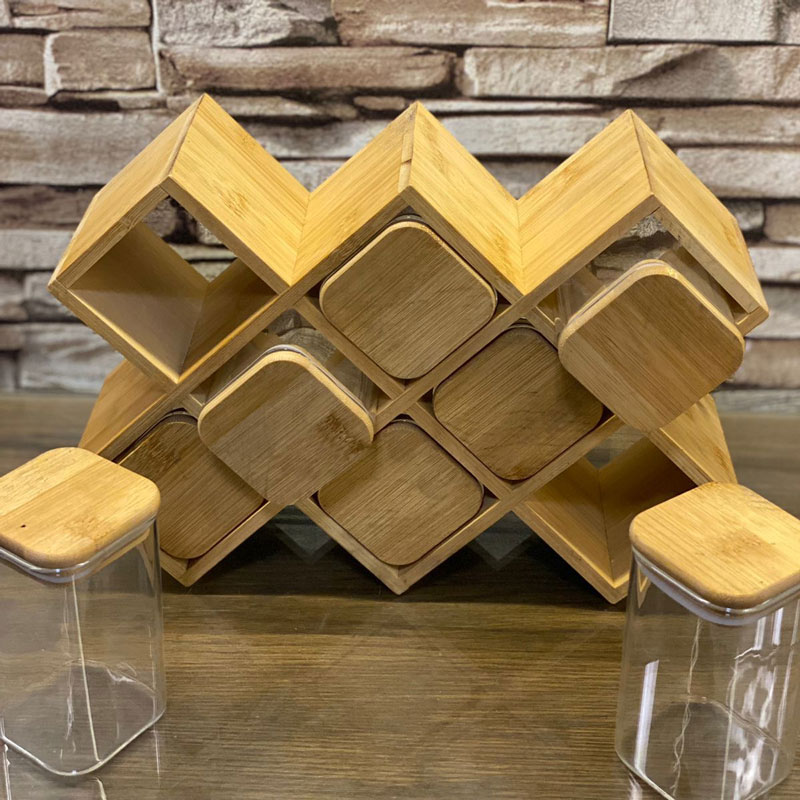 Bamboo Spice Rack 8 Bottles Honeycomb Design