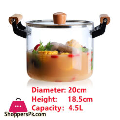 Borosilicate Glass Casserole Cooking Pot With Wooden Handle Pyrex Glass Fireproof 4.5Liter