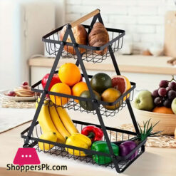 Countertop Metal Fruit Vegetable Basket 3-layer Standing Bread Fruit Vegetable Storage Rack, With Wooden Handle For Kitchen Storage