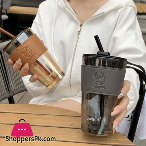 Creative Glass Coffee Cup with Lid Heat Resistant Tea Cups Mug with Straw 450ml