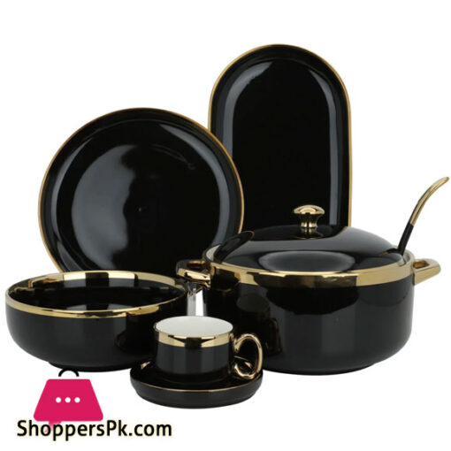 Dinner Set Black Round Porcelain with Wide Golden Line 51-Pieces 6 Person Serving